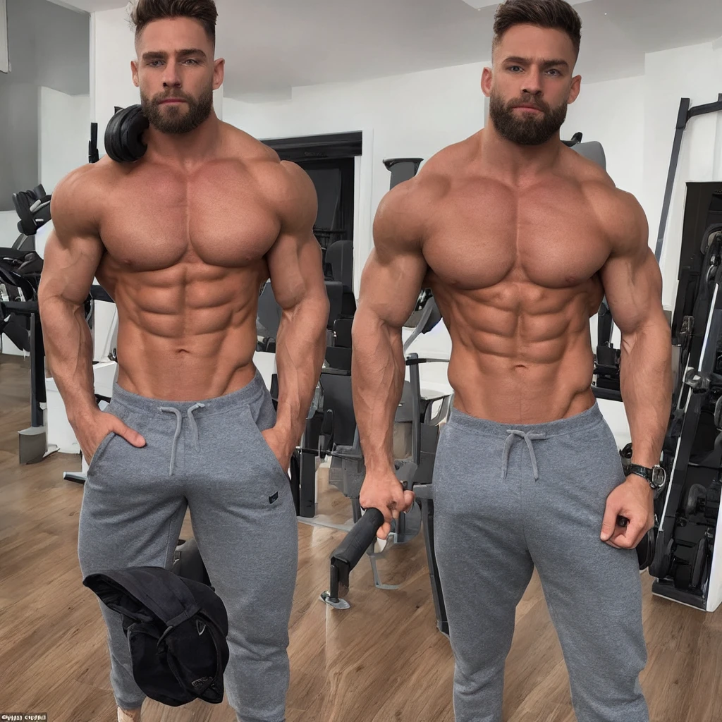 connor, 1 boy, solo, bodybuilder, big muscles, wearing grey jogger bottoms, no top, topless, masterpiece, best quality, realistic
