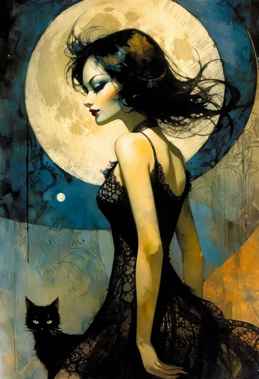 the sexy girl and the cat and the half moon, night, lace dress (inspirational art by Dave McKean and Bill Sienkiewicz, oil painting, brush stroke details that enhance depth)