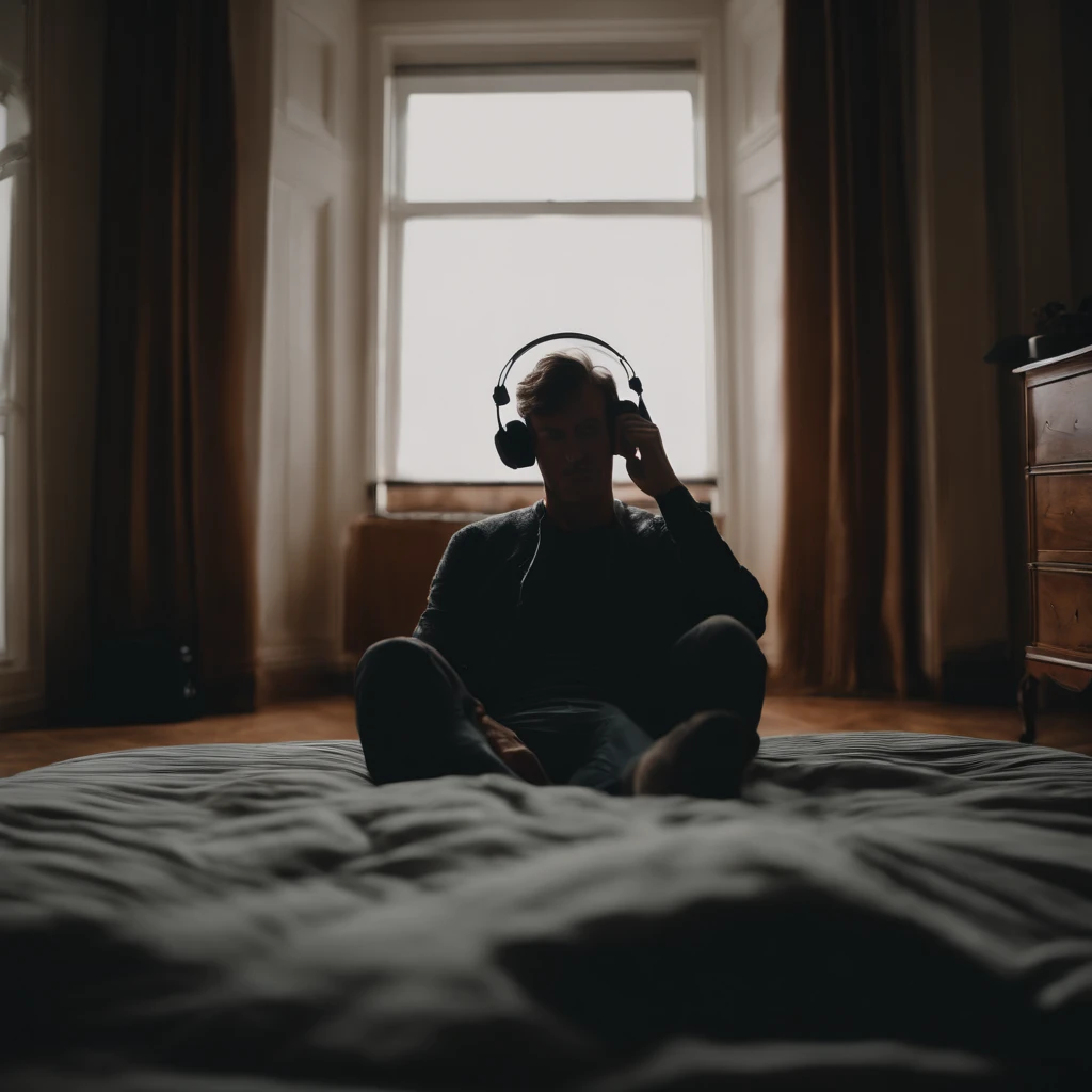 Create the image of a person inside a room lying on the floor listening to music with their feet on the bed, while anxiety is in a form of black cloud circling above his head
