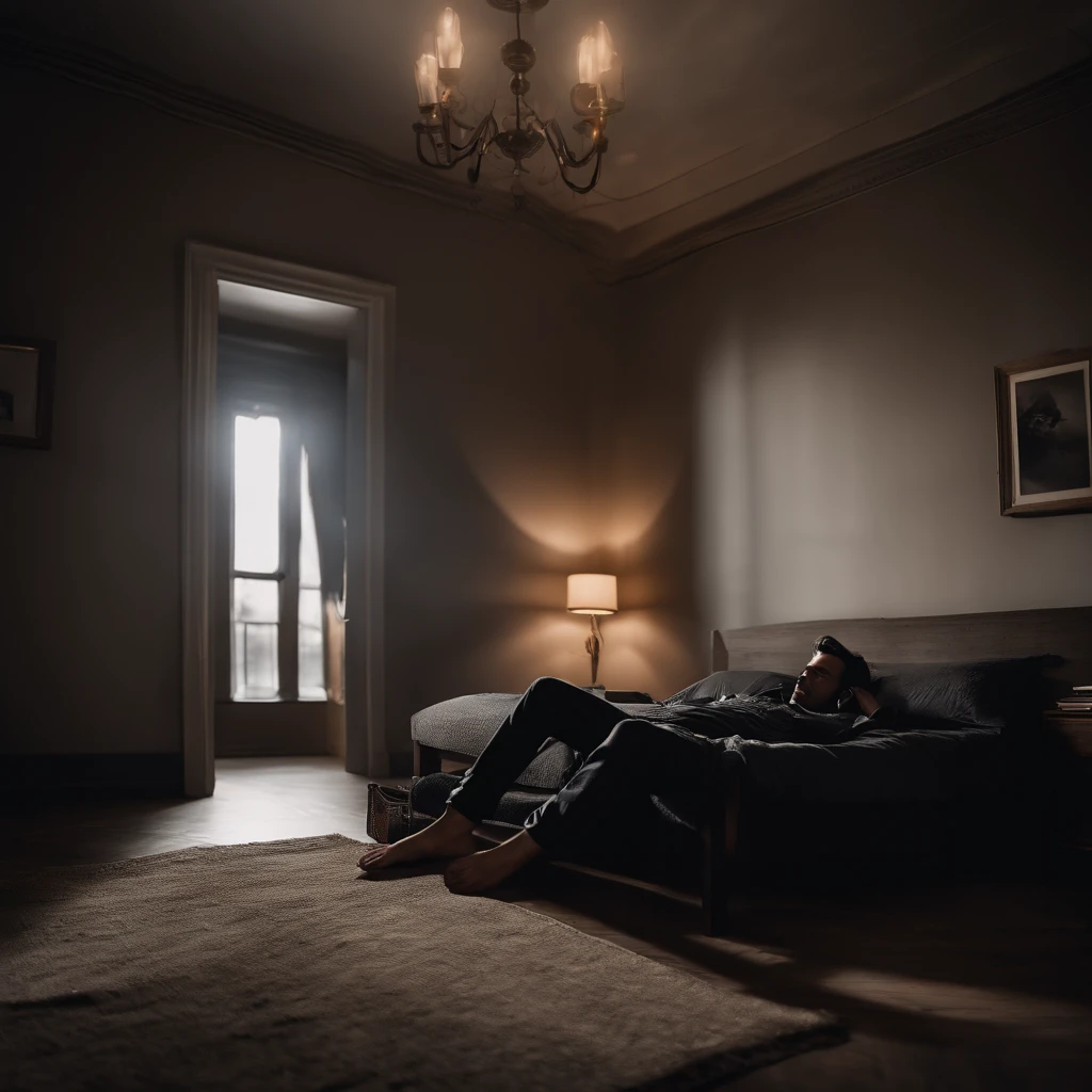 Create the image of a person inside a room lying on the floor listening to music with their feet on the bed, while anxiety is in a form of black cloud circling above his head