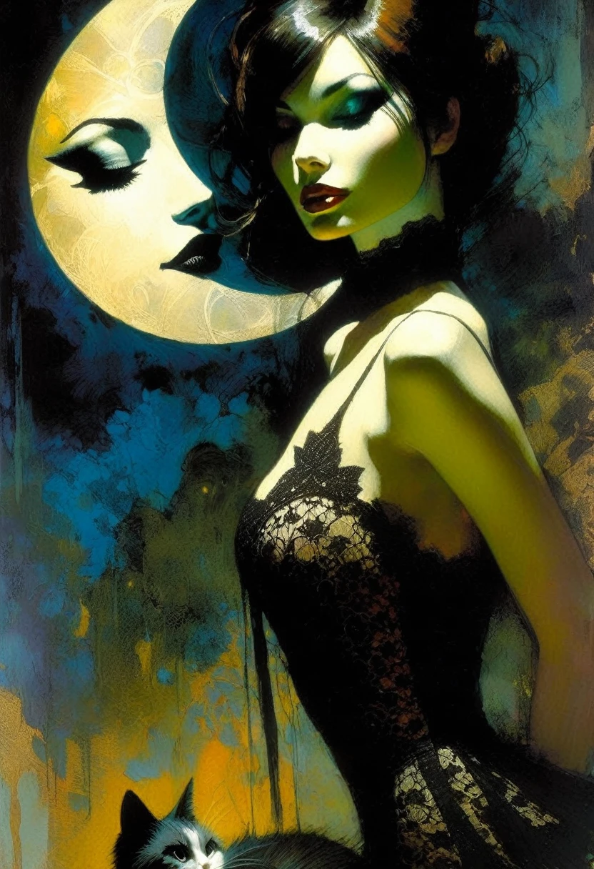 the sexy girl and the cat and the half moon, night, lace dress (inspirational art by Dave McKean and Bill Sienkiewicz, oil painting, brush stroke details that enhance depth)