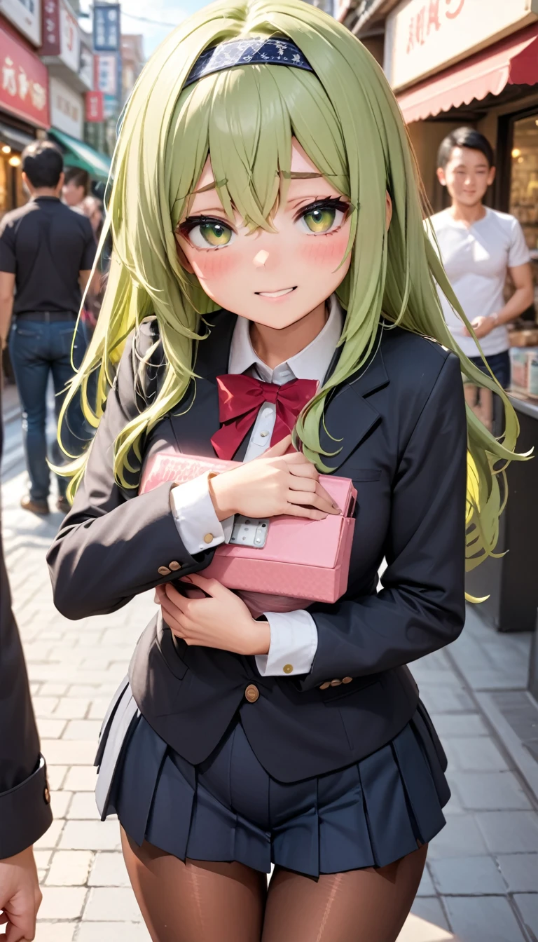 (masterpiece,highest quality,Ultra-high resolution),(Perfect Face, Perfect body、Perfect hands、Refers to 5 books),1girl,(kilo, green eyes, green hair, long hair, hairband, black hair ribbon, pantyhose),(jk),(very young),(Blushing, embarrassed),(very embarrassing,Embrace sex,In town),(remote controller, simple remote control, holding)