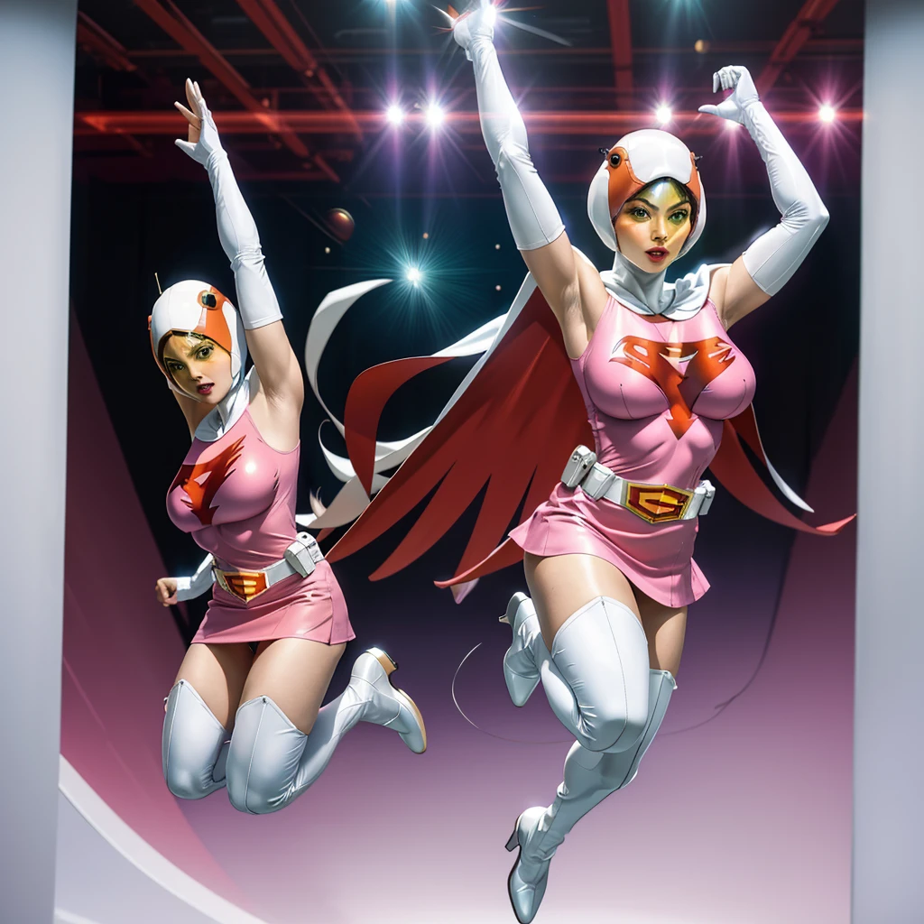 ANI_CLASSIC_jun_gatchaman_ownwaifu,1girl, 15 years old,good anatomy, masterpiece, best quality,realistic, hyperrealistic, 16k hdr,breasts,green eyes,lips,large breasts,lipstick,makeup,gloves,cape,helmet,belt,elbow gloves,white gloves,mask,ultra miniskirt,leotard,spacesuit,white tight overknee highheels boots,pink dress,superhero,bodysuit,cleavage,erected nipples,((jumping poses,arms up straight)),cameltoe