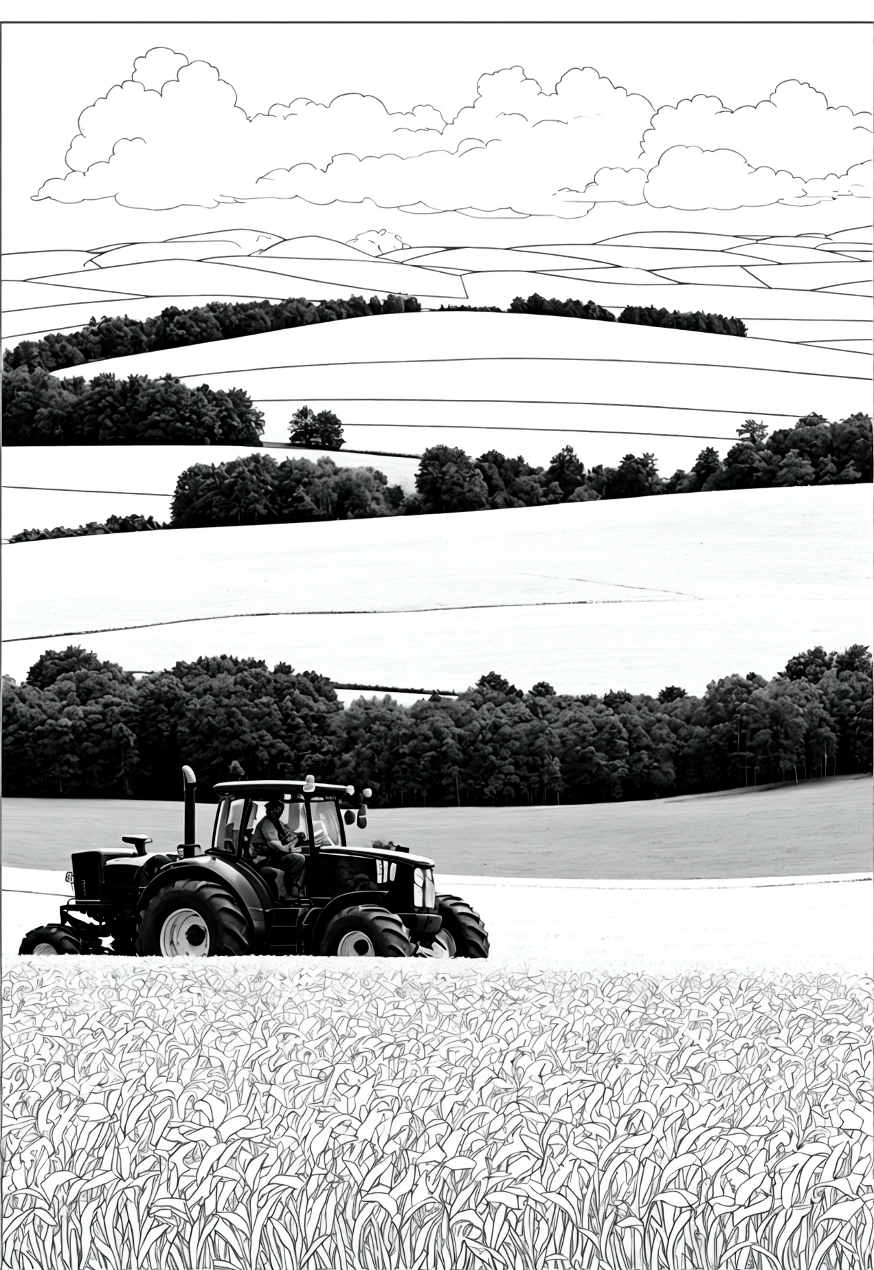 Book page coloring art, All-white background, Use only outlines, line art, coloring book, Clean line art, For coloring Simple and clean line art, coloring book page, perfect symmetric details, Sunny Pasture: A pasture with contented cows grazing, a wooden fence running along the edge, a bright sun shining down with a few fluffy clouds in the sky, and a farmer riding a tractor in the distance.