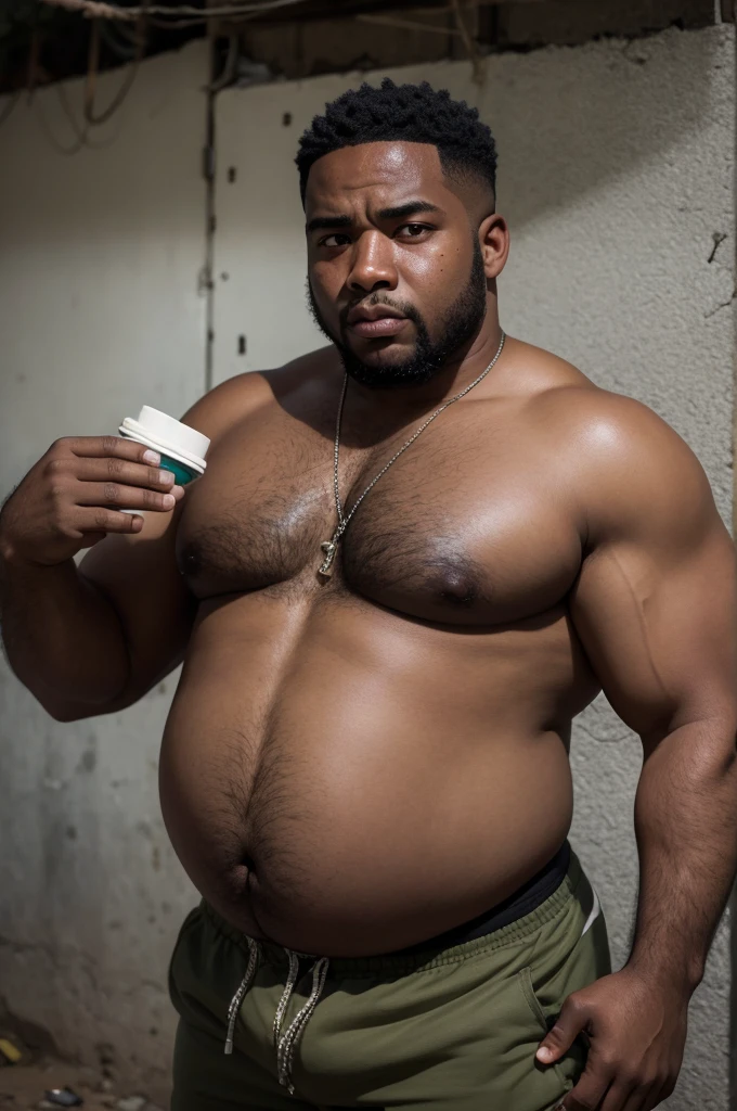 black man fat with drugs in the favela with bulging eyes and ugly