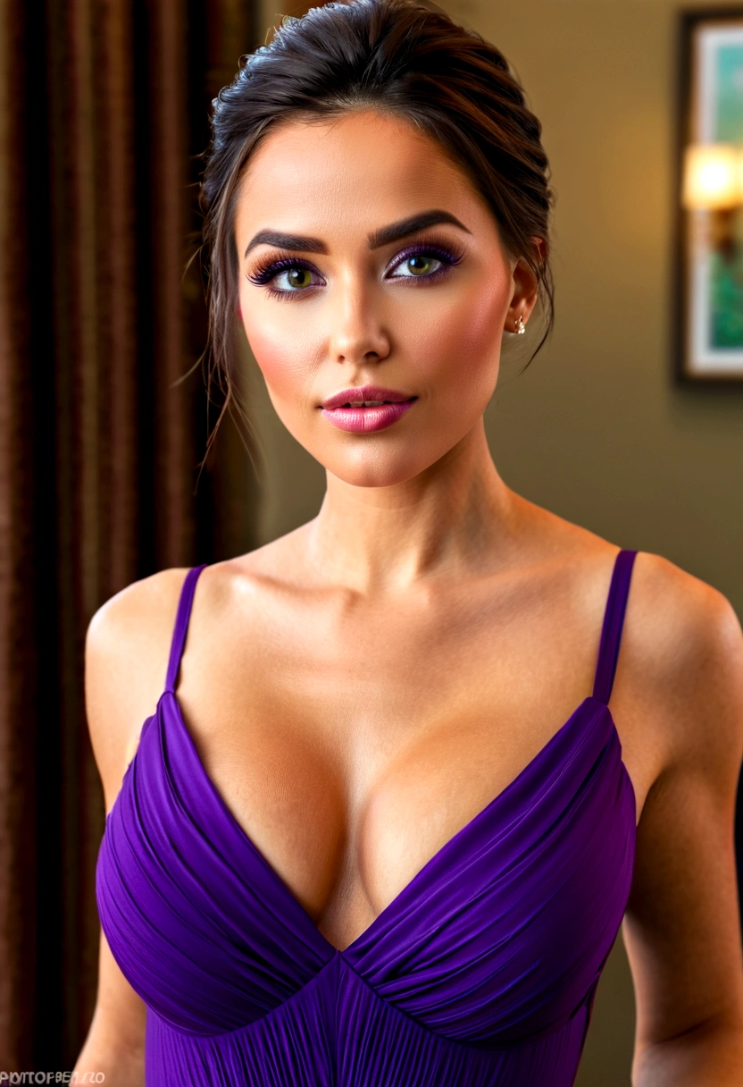 woman in a tight purple sleeveless dress, detailed realistic facial features, beautiful detailed eyes, beautiful detailed lips, extremely detailed face, longeyelashes, cleavage, narrow waist, round hips, (best quality,4k,8k,highres,masterpiece:1.2),ultra-detailed,(realistic,photorealistic,photo-realistic:1.37),HDR,UHD,studio lighting,ultra-fine painting,sharp focus,physically-based rendering,extreme detail description,professional,vivid colors,bokeh,portraits