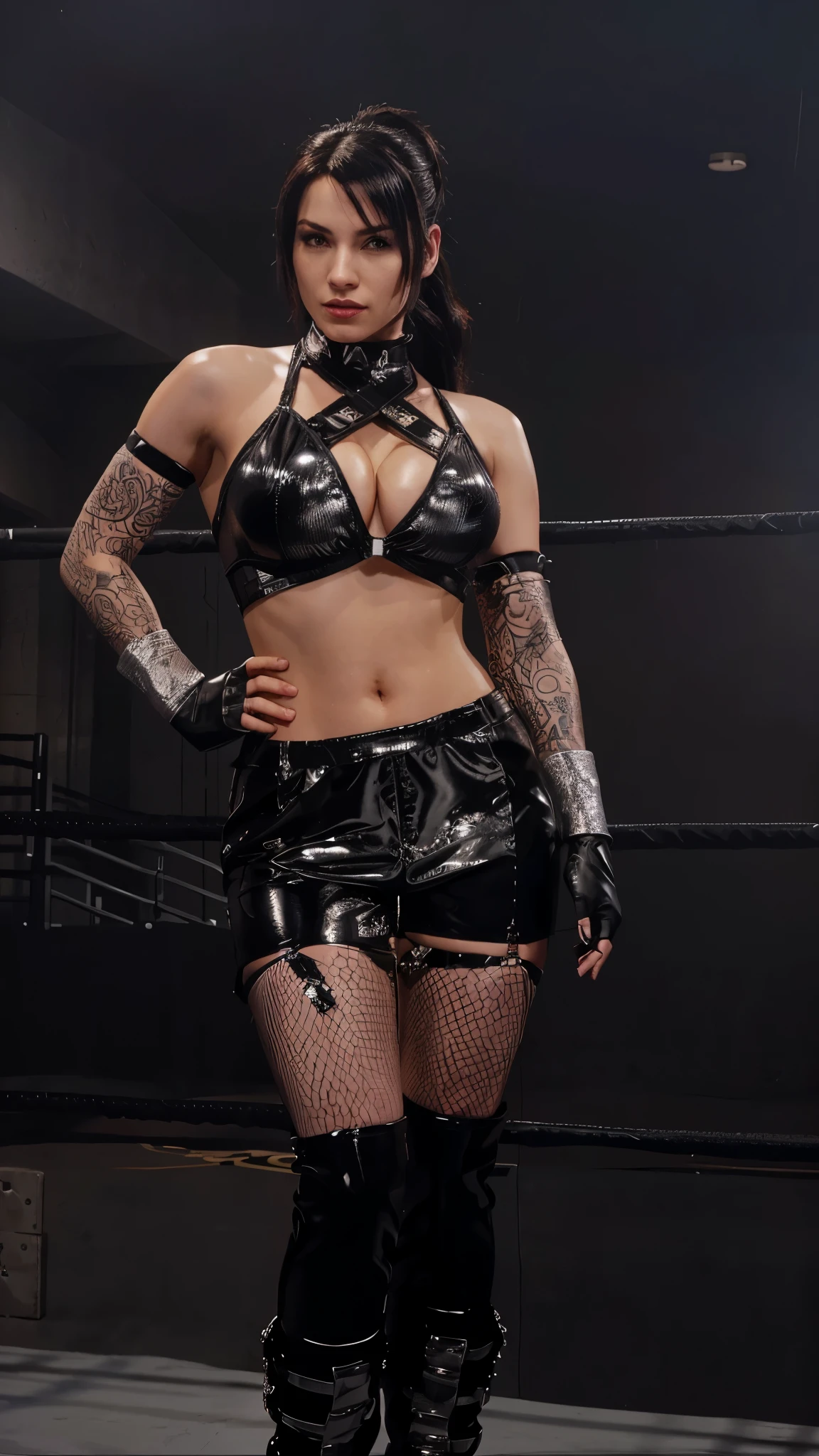 araffe woman in a black and silver outfit posing in a boxing ring, wavy ponytail, glamorous tifa lockheart, chrome outfit, black leather costume, posing ready for a fight, inspired by Randy Vargas, imposing and dominating, posing for a fight intricate, sexy dominant pose, diesel punk female, in a leather corset, portrait of tifa lockhart, tifa lockheart