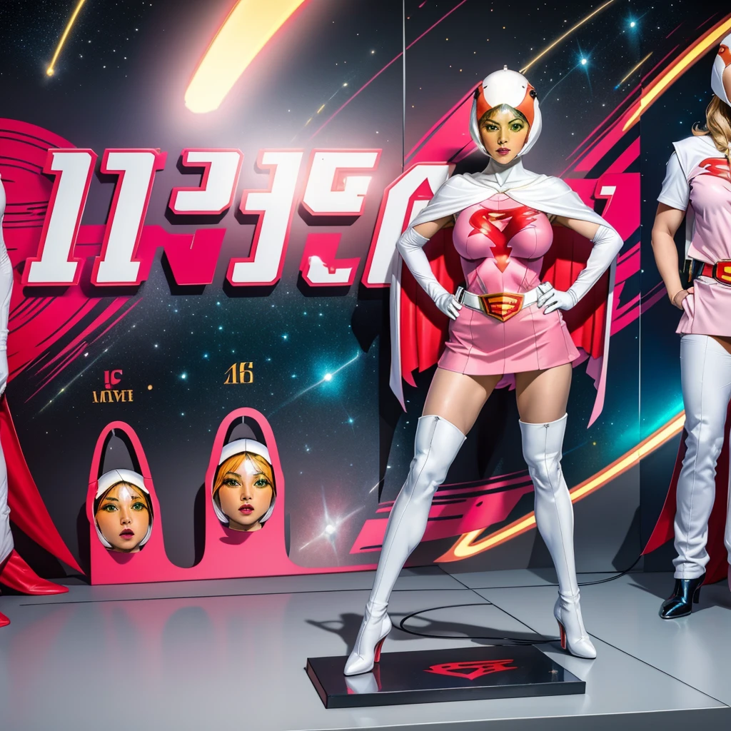 ANI_CLASSIC_jun_gatchaman_ownwaifu,1girl, 15 years old,good anatomy, masterpiece, best quality,realistic, hyperrealistic, 16k hdr,breasts,green eyes,lips,large breasts,lipstick,makeup,gloves,cape,helmet,belt,elbow gloves,white gloves,mask,ultra miniskirt,leotard,spacesuit,white tight overknee highheels boots,pink dress,superhero,bodysuit,cleavage,erected nipples,((stand pose,hands on hip)),cameltoe