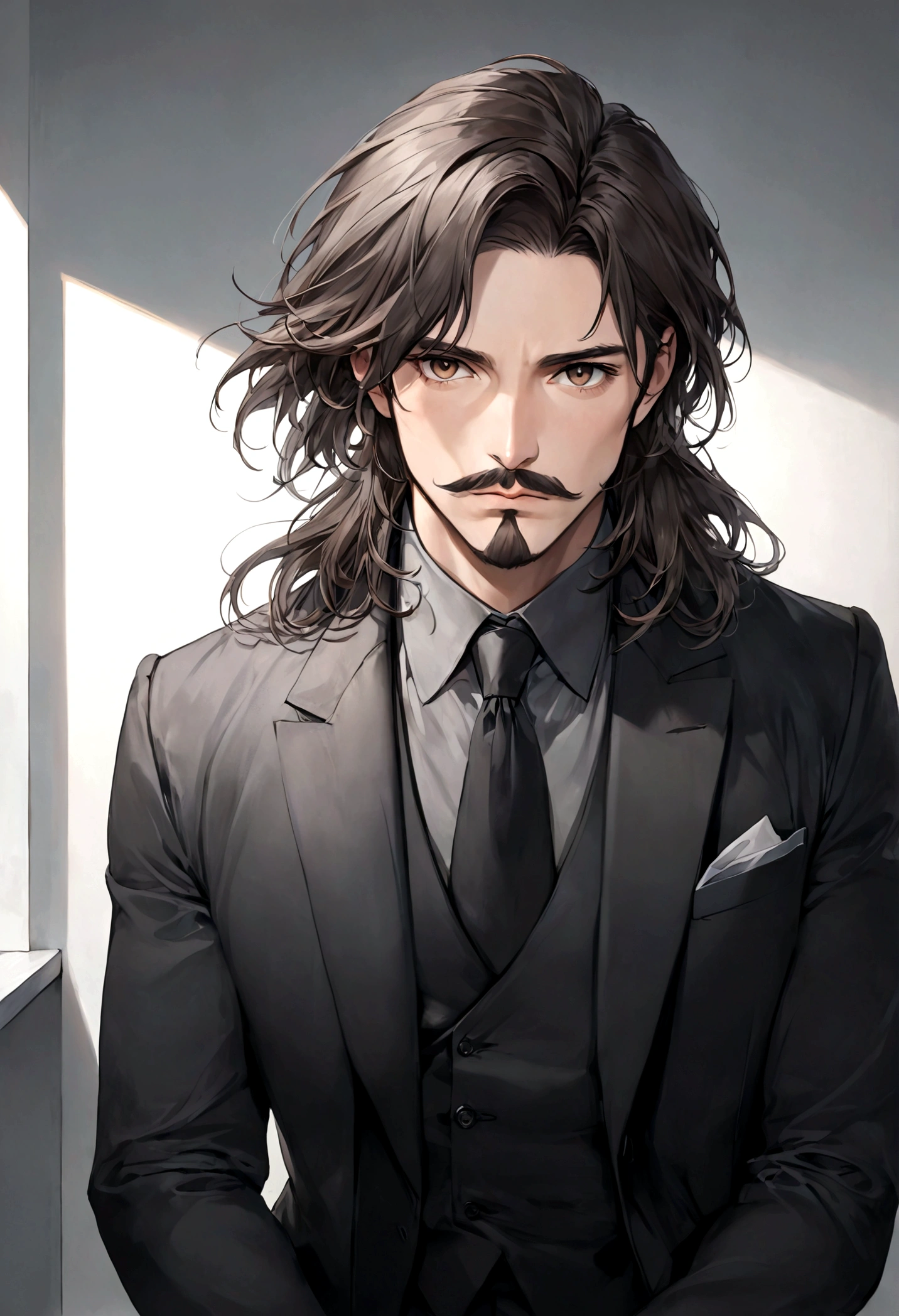 (traje color negro para hombre), ), ((bigote estilo Van Dyke y (barba de chivo) "Van Dyke", Van Dyke beard)), (light brown eyes), Aspecto atractivo y serio, ((cabello muy largo oscuro, messy hair)), Elegante y con estilo, abrigo elegante color gris largo, Un hombre similar al actor Jim Morrison con el cabello largo, ((cabello muy largo)), (Imagen realista y de alta calidad), Apartamento escandinavo en el fondo simple de un cuarto, ((La mejor calidad, 8K, obra maestra).((pose dinamica con mirada al frente, viendo al espectador)), (cabello largo pasando los hombros)
