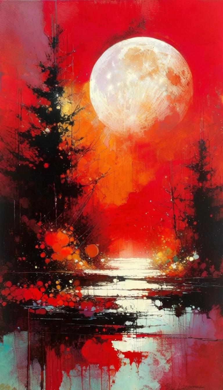 red backdrop, a bright moon (inspirational art by Bill Sienkiewicz, oil painting, brush stroke details that enhance depth)
