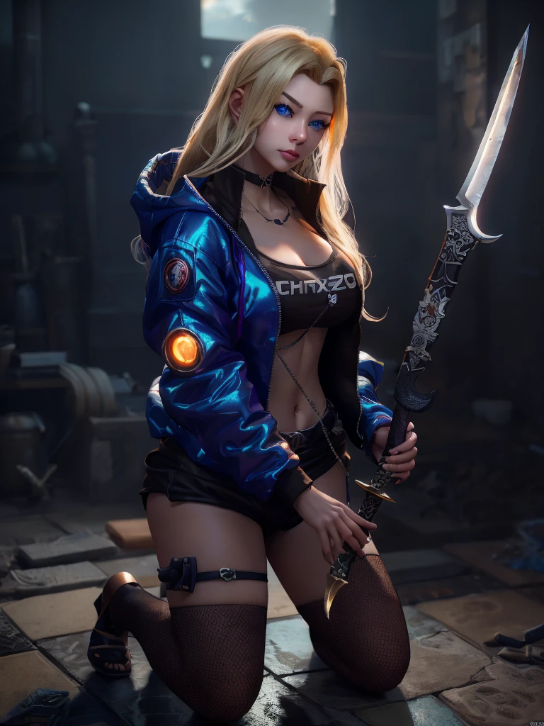 long hair, blonde hair, pointy ears, techwear jacket, anatomically correct, anime girl kneeling down with a sword in her hand, badass anime 8 k, artwork in the style of guweiz, ross tran 8 k, cinematic. by leng jun, 2. 5 d cgi anime fantasy artwork, anime style 4 k, ross tran and wlop, very beautiful cyberpunk samurai, guweiz on artstation pixiv, facing viewer, (shaded face:1.2), hollow eyes, blue eyes, looking at viewer, expressionless, glowing eyes, "glow effects, godrays, Hand drawn, render, 8k, octane render, cinema 4d, blender, dark, atmospheric 4k ultra detailed, cinematic, Sharp focus, big depth of field, Masterpiece, colors, 3d octane render, 4k, concept art, trending on artstation, hyperrealistic, Vivid colors, extremely detailed CG unity 8k wallpaper, trending on CGSociety, Intricate, High Detail, dramatic"