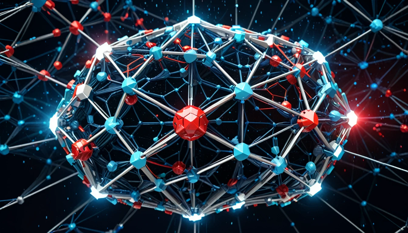 The uploaded image appears to be a digital art representation of a complex, futuristic network. It features a large, complex geometric structure made up of glowing nodes and interconnected lines, resembling a three-dimensional wireframe model. The nodes emit bright blue and white light, and the entire structure is set against a dark digital landscape with a grid pattern. Red and blue digital rain is falling in the background, giving it a high-tech feel.
It is clearly a promotional or conceptual image related to the Decentralized Automated Market Maker (DAMM) protocol. The overall aesthetic is sleek and modern, strongly relating to the themes of advanced technology and data networks.