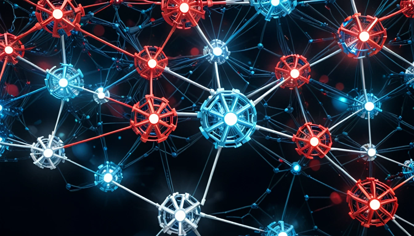The uploaded image appears to be a digital art representation of a complex, futuristic network. It features a large, complex geometric structure made up of glowing nodes and interconnected lines, resembling a three-dimensional wireframe model. The nodes emit bright blue and white light, and the entire structure is set against a dark digital landscape with a grid pattern. Red and blue digital rain is falling in the background, giving it a high-tech feel.
It is clearly a promotional or conceptual image related to the Decentralized Automated Market Maker (DAMM) protocol. The overall aesthetic is sleek and modern, strongly relating to the themes of advanced technology and data networks.