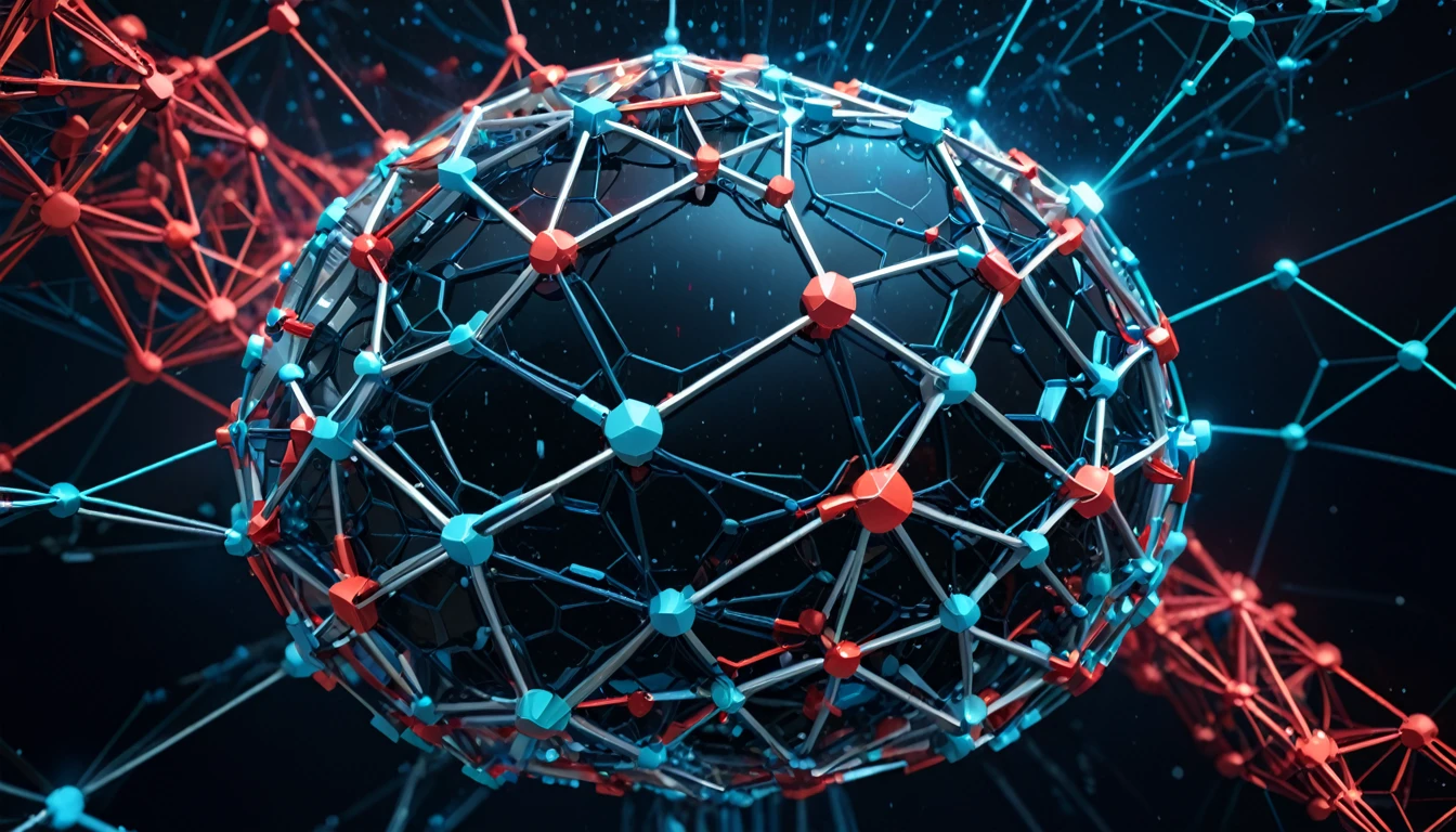 The uploaded image appears to be a digital art representation of a complex, futuristic network. It features a large, complex geometric structure made up of glowing nodes and interconnected lines, resembling a three-dimensional wireframe model. The nodes emit bright blue and white light, and the entire structure is set against a dark digital landscape with a grid pattern. Red and blue digital rain is falling in the background, giving it a high-tech feel.
It is clearly a promotional or conceptual image related to the Decentralized Automated Market Maker (DAMM) protocol. The overall aesthetic is sleek and modern, strongly relating to the themes of advanced technology and data networks.