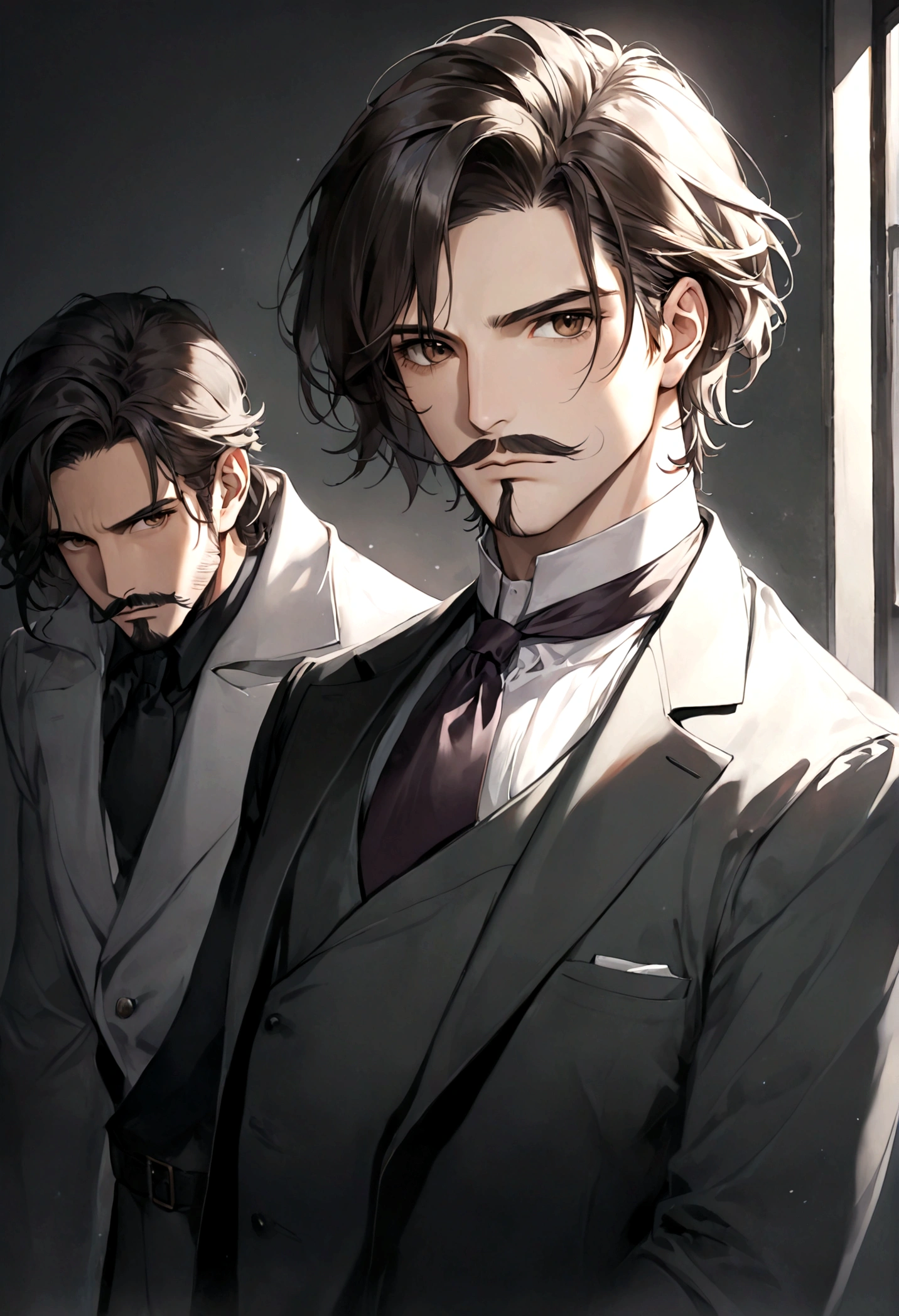 (traje color negro para hombre), ), ((bigote estilo Van Dyke y (barba de chivo) "Van Dyke", Van Dyke beard)), (light brown eyes), Aspecto atractivo y serio, ((cabello muy largo oscuro, messy hair)), Elegante y con estilo, abrigo elegante color gris largo, Un hombre similar al actor Jim Morrison con el cabello largo, ((cabello muy largo)), (Imagen realista y de alta calidad), Apartamento escandinavo en el fondo simple de un cuarto, ((La mejor calidad, 8K, obra maestra).((pose dinamica con mirada al frente, viendo al espectador)), (cabello largo pasando los hombros)