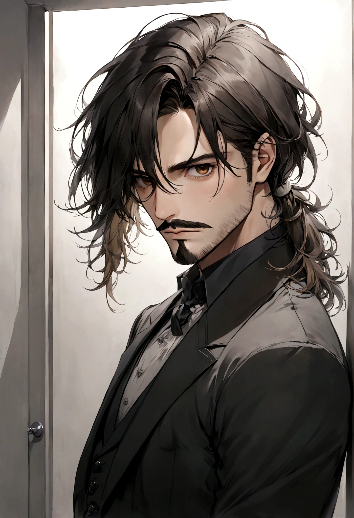 (traje color negro para hombre), ), ((bigote estilo Van Dyke y (barba de chivo) "Van Dyke", Van Dyke beard)), (light brown eyes), Aspecto atractivo y serio, ((cabello muy largo oscuro, messy hair)), Elegante y con estilo, abrigo elegante color gris largo, Un hombre similar al actor Jim Morrison con el cabello largo, ((cabello muy largo)), (Imagen realista y de alta calidad), Apartamento escandinavo en el fondo simple de un cuarto, ((La mejor calidad, 8K, obra maestra).((pose dinamica con mirada al frente, viendo al espectador)), (cabello largo pasando los hombros)