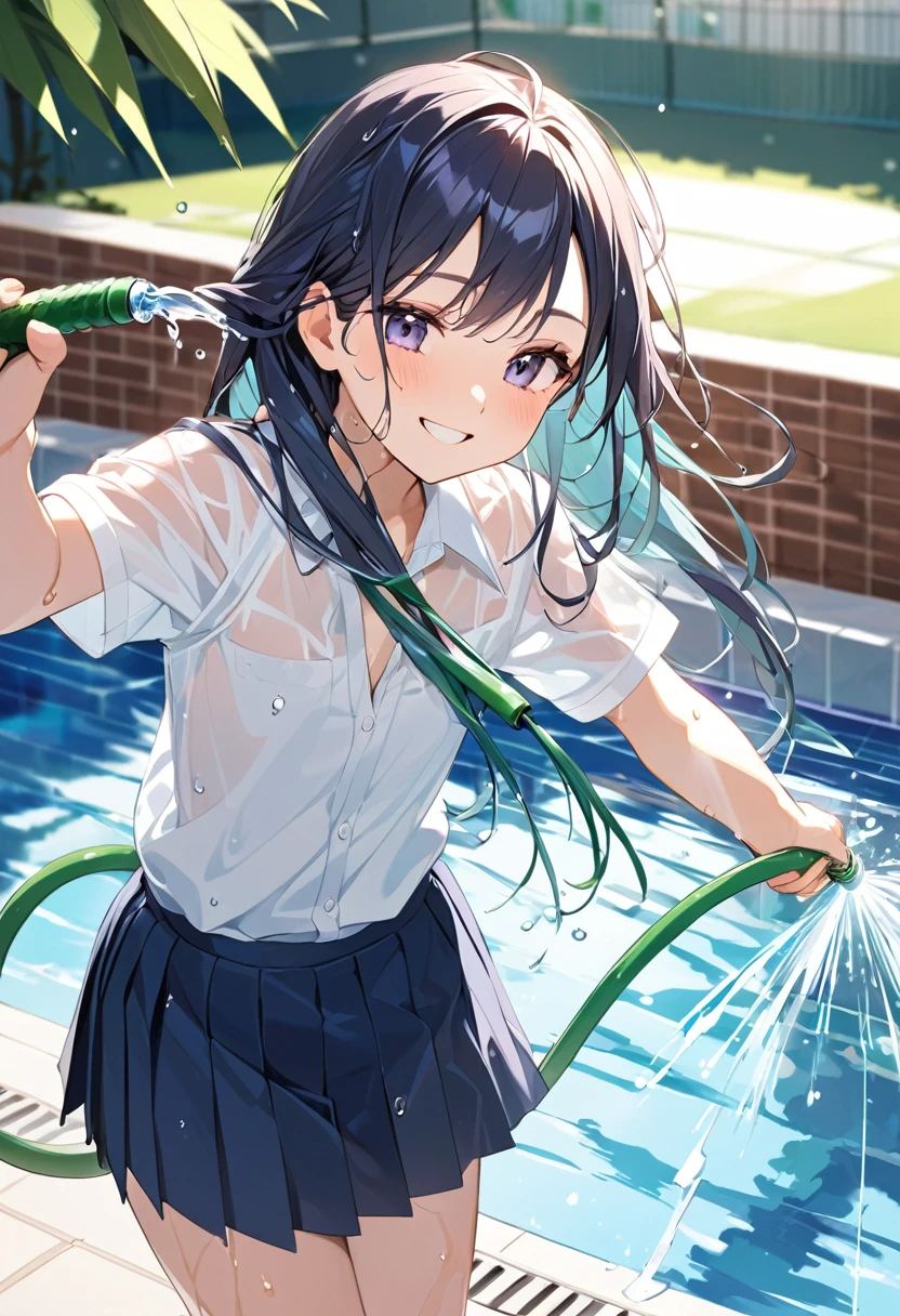beautiful girl、、Flat Chest、Poolside、smile、Spraying water with a hose、High 、White shirt、Pleated skirt、See-through、Wet