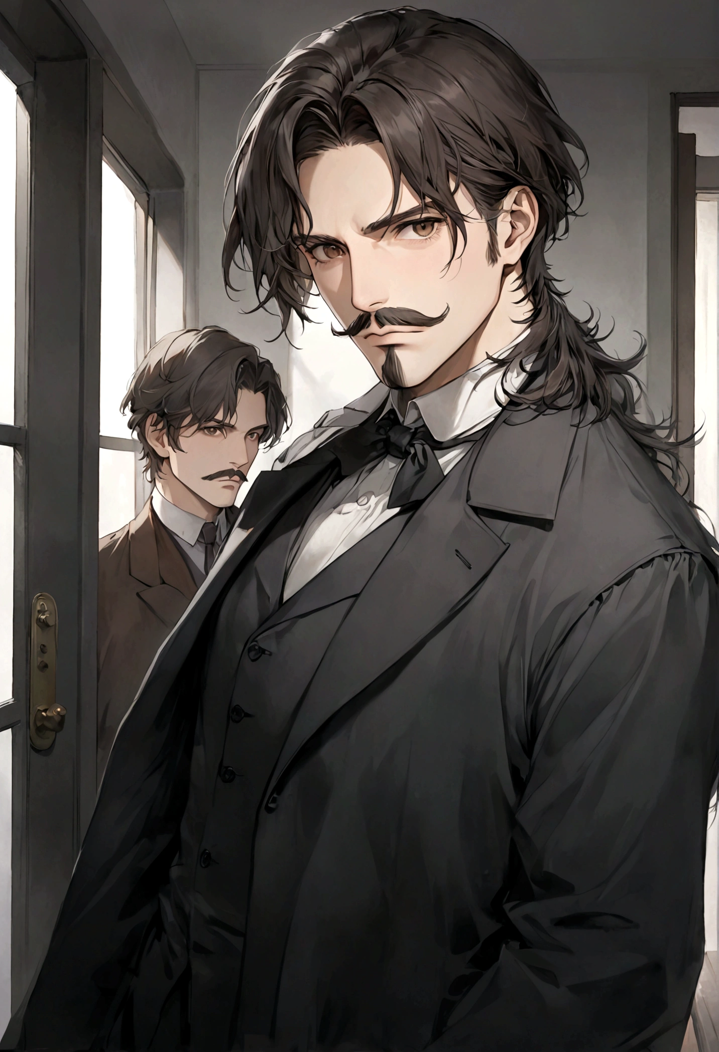 (traje color negro para hombre), ), ((bigote estilo Van Dyke y (barba de chivo) "Van Dyke", Van Dyke beard)), (light brown eyes), Aspecto atractivo y serio, ((cabello muy largo oscuro, messy hair)), Elegante y con estilo, abrigo elegante color gris largo, Un hombre similar al actor Jim Morrison con el cabello largo, ((cabello muy largo)), (Imagen realista y de alta calidad), Apartamento escandinavo en el fondo simple de un cuarto, ((La mejor calidad, 8K, obra maestra).((pose dinamica con mirada al frente, viendo al espectador)), (cabello largo pasando los hombros)