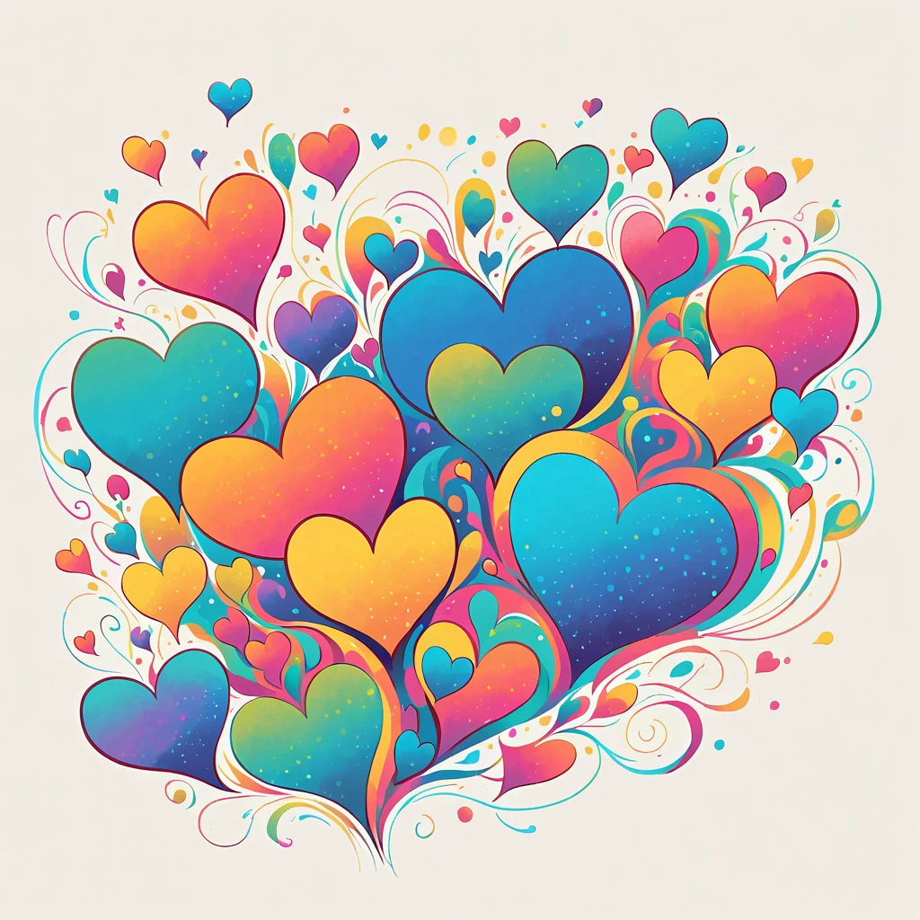 Seizo Watase style, Simple Line Initialism,Abstract art,Urban Background, colorful hearts ,No people