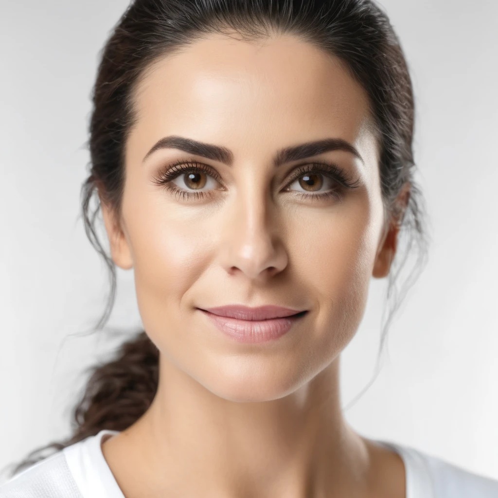 close Mulher de 28 anos, nutricionista de jaleco branco, fundo branco, foto deve parecer nomal, super realista, super detalhado, 4k