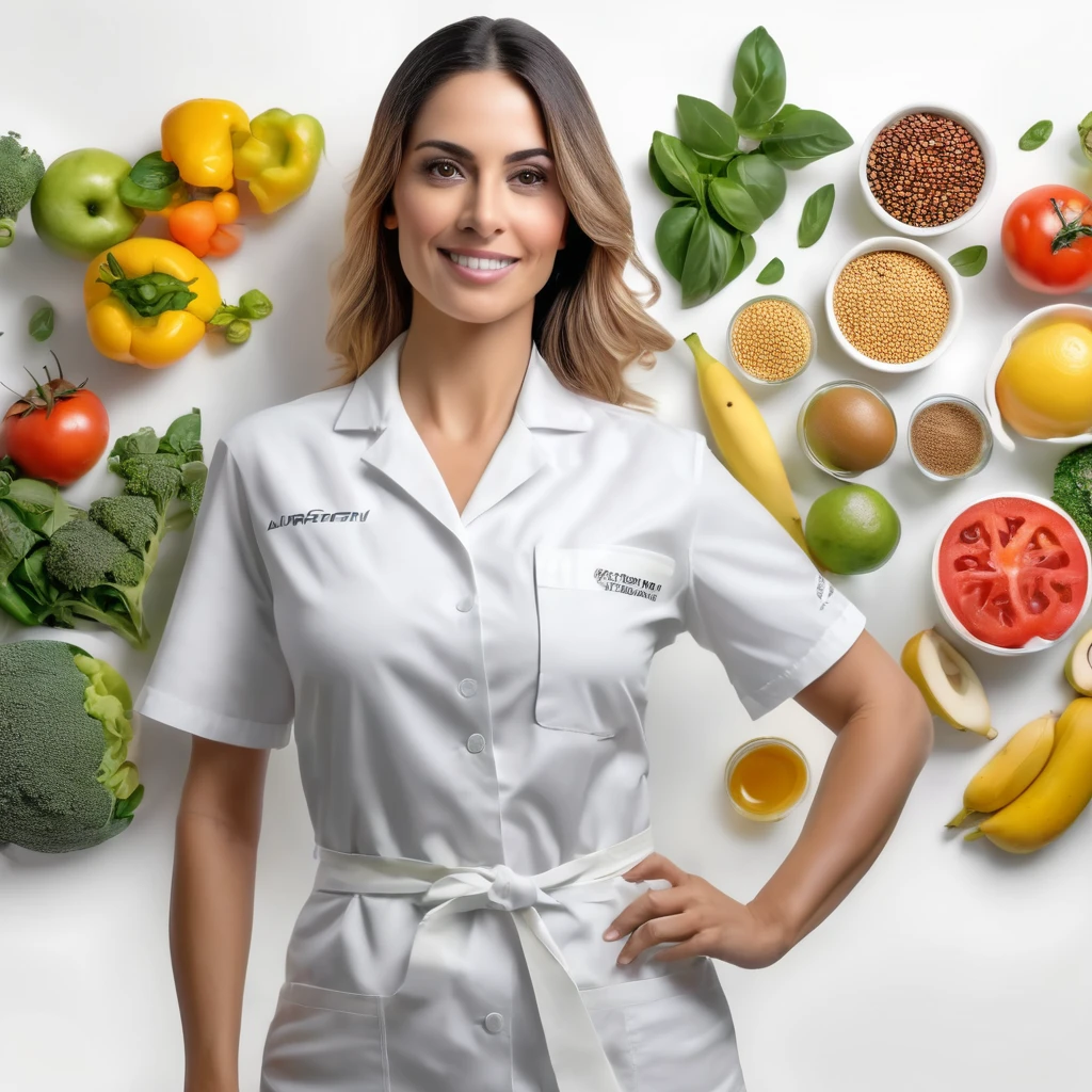 close Mulher de 28 anos, nutricionista de jaleco branco, fundo branco, foto deve parecer nomal, super realista, super detalhado, 4k