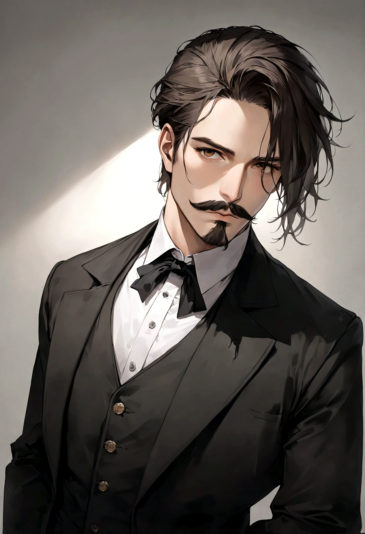 (traje color negro para hombre), ), ((bigote estilo Van Dyke y (barba de chivo) "Van Dyke", Van Dyke beard)), (light brown eyes), Aspecto atractivo y serio, ((cabello muy largo oscuro, messy hair)), Elegante y con estilo, abrigo elegante color gris largo, Un hombre similar al actor Jim Morrison con el cabello largo, ((cabello muy largo)), (Imagen realista y de alta calidad), Apartamento escandinavo en el fondo simple de un cuarto, ((La mejor calidad, 8K, obra maestra).((pose dinamica con mirada al frente, viendo al espectador)), (cabello largo pasando los hombros)