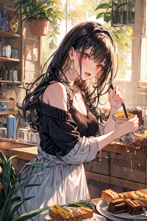 masterpiece, yor, 1girl, Amazing Cleavage:1.3, thin waist, big ass, Raised sexy, medium breast: 1.8 posed cleavage:1.2、solo, looking at viewer, open mouth, have a cup of coffee,black hair, red eyes, dress, bare shoulders, jewelry, collarbone, sidelocks, hairband, earrings, indoors, off shoulder, :o, sweater, arms behind back, plant, short hair with long locks, white hairband, off-shoulder dress, sweater dress, off-shoulder sweater, red sweater, big side hair, very long side hair,is rendered in (masterpiece: 1.2, best quality), with (ultra high resolution) and an exquisite (depth of field). This masterpiece is not only visually stunning but also tells, make of cake cooking ,in the kitchen