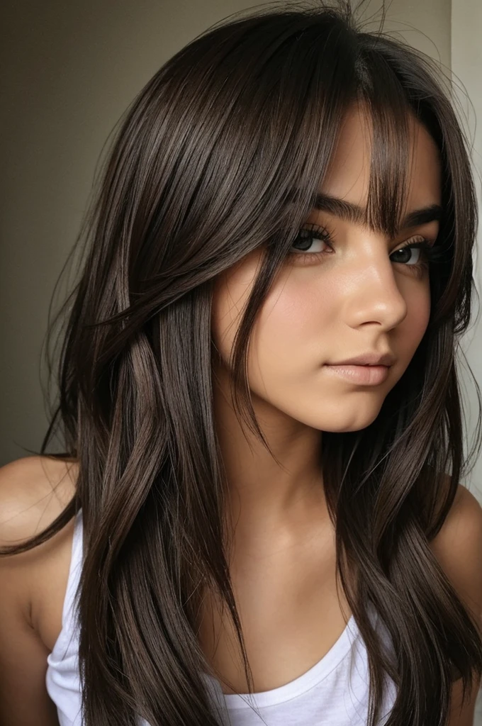 Can you make me a full body image of a 16 year old age girl?, que tenga cara de chiquita, que tenga cuerpo reloj de arena, make her look shy and mysterious, make her look weak and hurt, con lentes redondos y ojos azules grisaceos, que sea muy bonita (belleza irreal), que tenga flequillo y pelo muy oscuro lacio, largo y muy brilloso, que use ropa holgada y rota, que tenga muchos collares y pulseras