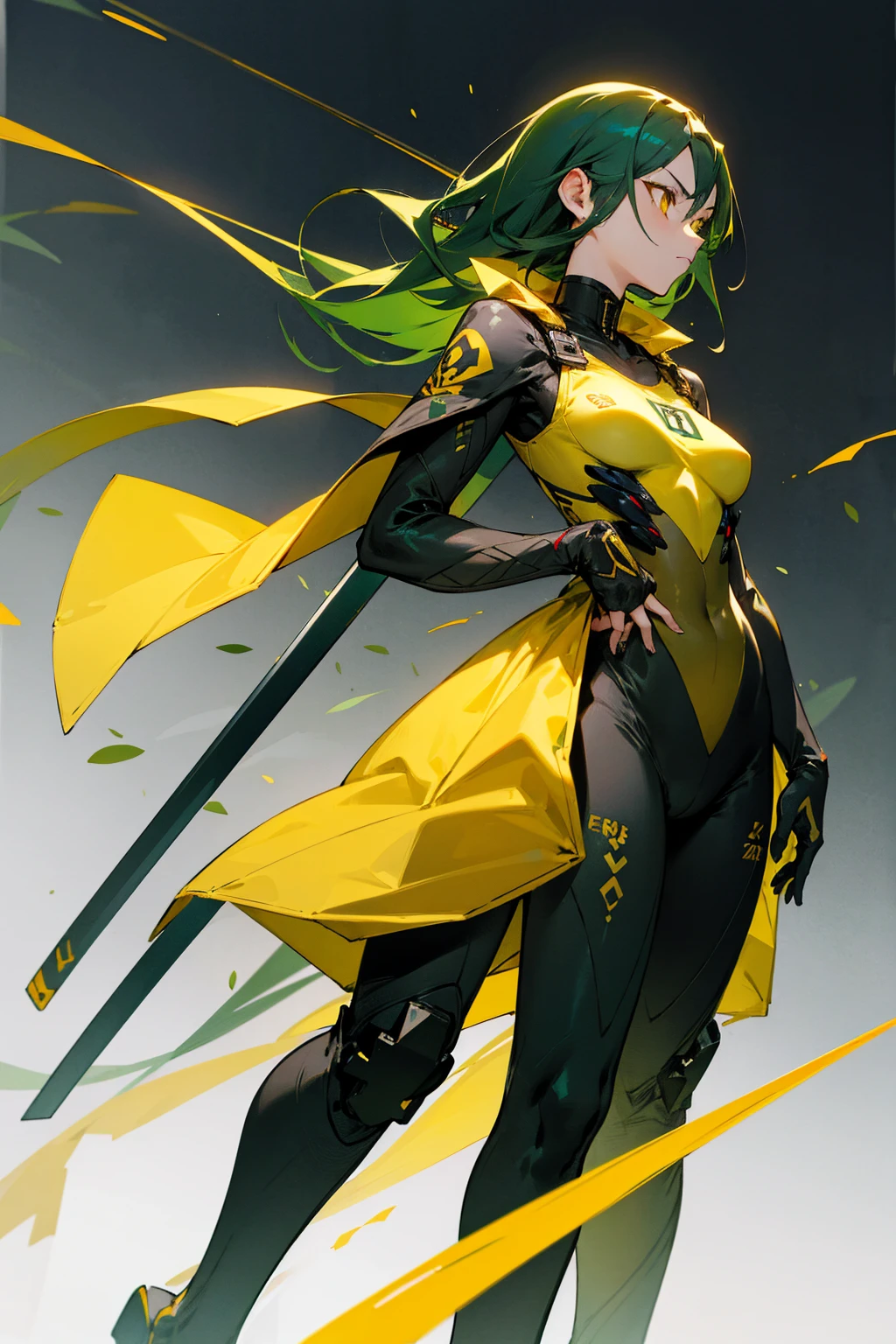 1female, dark green hair, yellow eyes, neck tattoos, golden accents, odachi on back, swords in background, sniper on back, full body combat suit, expressionless, black suit with white accents, city background, standing on path, hands behind back