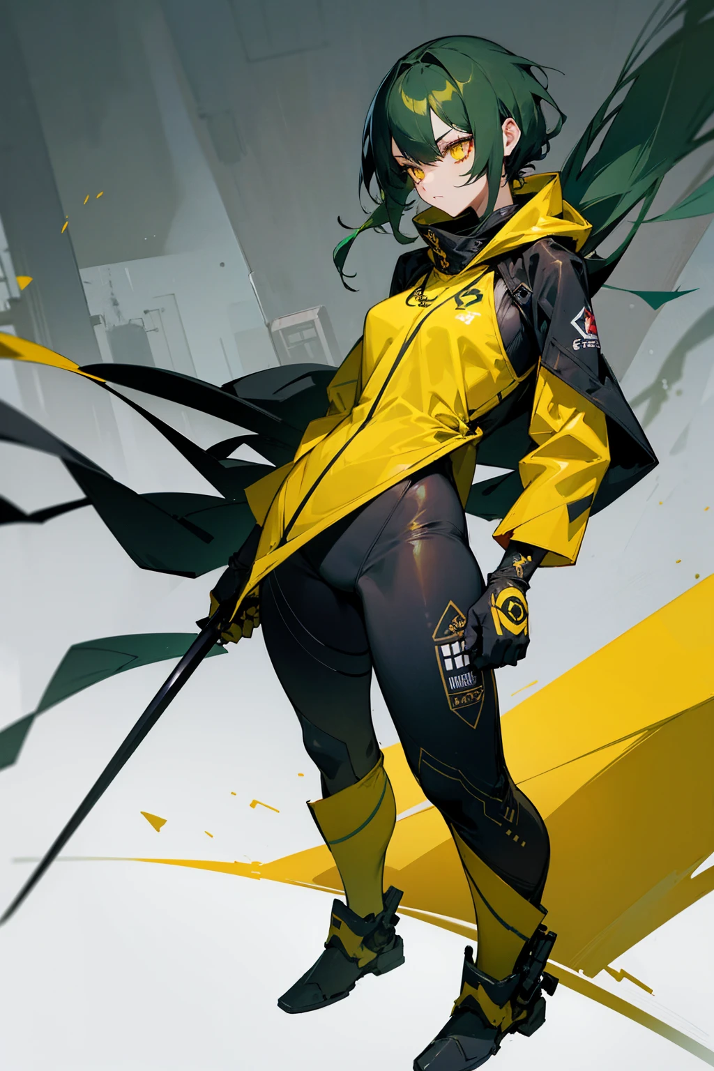 1female, dark green hair, yellow eyes, neck tattoos, golden accents, odachi on back, swords in background, sniper on back, full body combat suit, expressionless, black suit with white accents, city background, standing on path, hands behind back