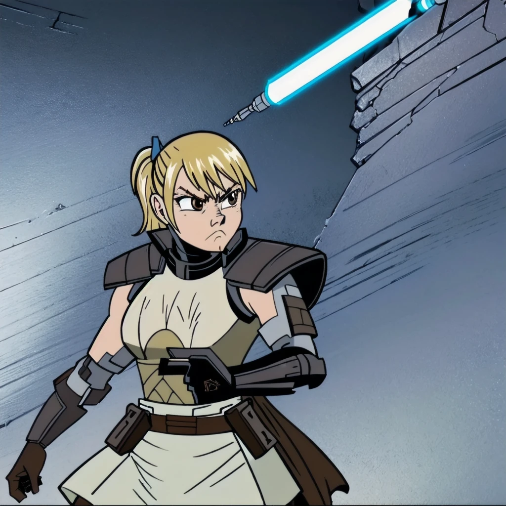 Photorealistic, octane render, best quality, 8k, 4k, high resolution, hyper detailed, extremely detailed, intricate, sharp focus, sharp detail, realistic skin texture, illustration, soft lighting, high contrast, Masterpiece, angry, 1girl, blonde hair, brown eyes, lucyheartfilia, sleeveless shirt, carbon fibre armor, white skirt, brown thigh boots, belt, wearing malgus armor on upper body in colour of dark blue, shoulder pads, cape, gauntlets, respirator mask, side ponytail, hair tied together and held in place with blue ribbon, holding weapon, holding red lightsaber, full body, tcw2003 style