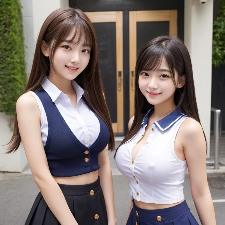 (high quality)、(high resolution)、Two high school girls、Looking at me with a smile、whole body、Big Breasts、Sleeveless shirt with buttons and collar、Tight mini skirt、Erect nipples