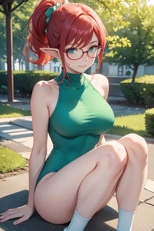 High quality very detailed clean image
1woman, milf, elf, citizen, crimson red hair tied in a ponytail with a pale white beautiful rebbon, 50 years old milf, fair skin, light blue green eyes, thin lips, medium big breasts, short pinted ears with tiny orange gems, kind smile, breathing out, dark blue square glasses, pale white one piece leotard, beautiful legs, pink sport shoes, light green socks, little sweating, afternoon park, snowy day, radiant day, green plaza, adjusting straps