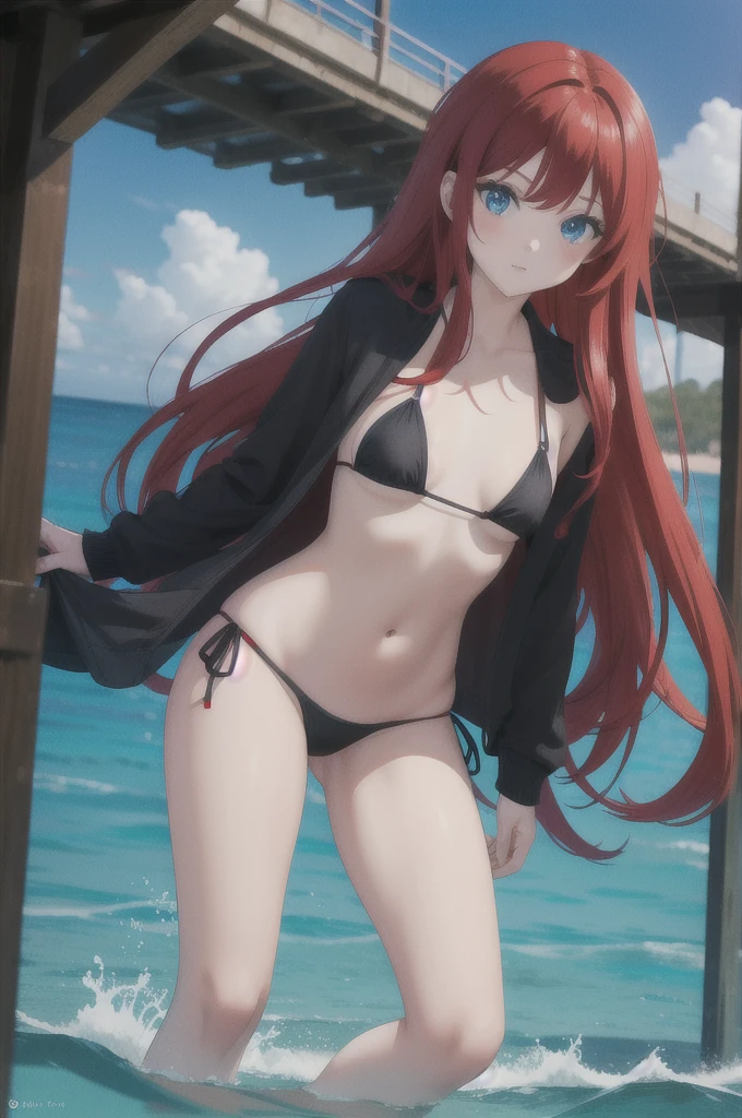 long red hair, girl, with completely black bikini, blue eyes