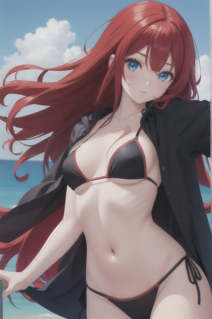 long red hair, girl, with completely black bikini, blue eyes