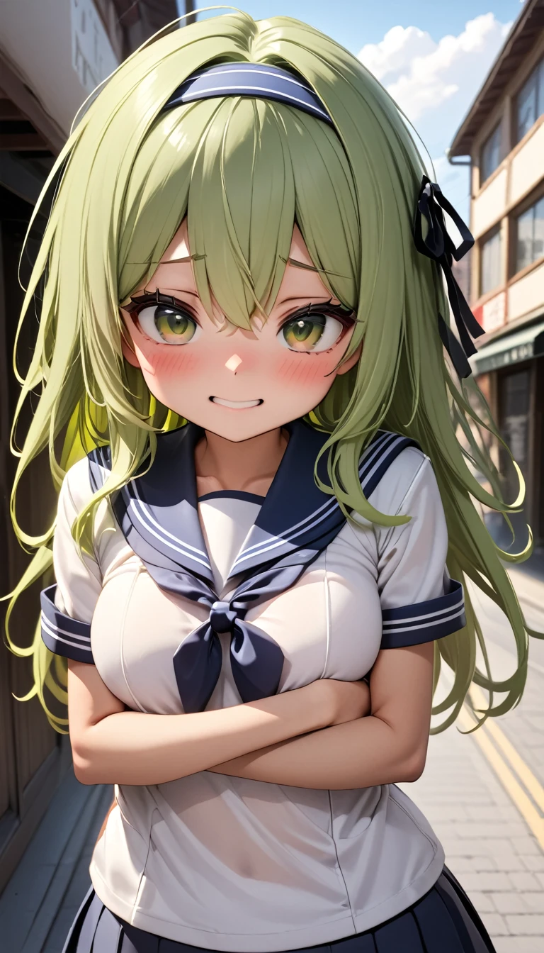 (masterpiece,highest quality,Ultra-high resolution),(Perfect Face, Perfect body、Perfect hands、Refers to 5 books),1girl,(kilo, green eyes, green hair, long hair, hairband, black hair ribbon, pantyhose),(jk,Sailor suit),(very young),(Blushing, embarrassed),(very embarrassing,Embrace sex,In town,Hikage),