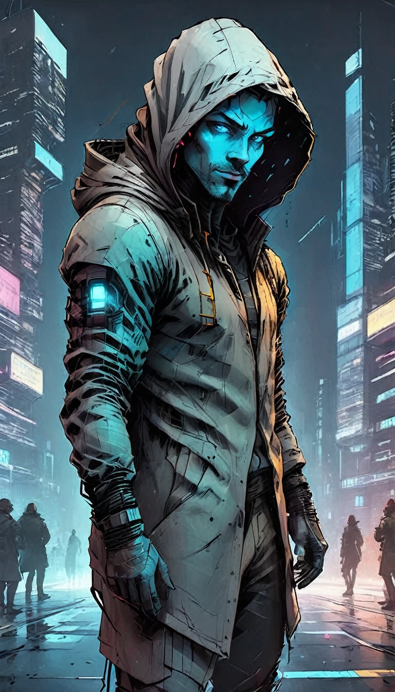 wide long shot, ((a man in a hooded futuristic suit with his back to the camera:1.5)), standing on a ledge, looking at a futuristic city at night, a dark cityscape with bright lights (best quality, 4k, 8k , high resolution, masterpiece: 1.2), ultra detailed (realistic, photorealistic, photorealistic: 1.37), cinematic lighting, dramatic shadows, moody atmosphere, intricate details, bright city lights, advanced technology, retro-futuristic architecture, dynamic pose, hood that casts shadows on the face, intense gaze