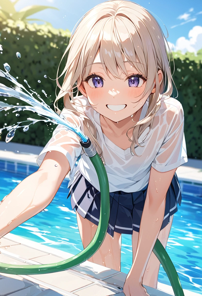beautiful girl、、Flat Chest、Poolside、smile、Spraying water with a hose、High 、White shirt、Pleated skirt、See-through、Wet