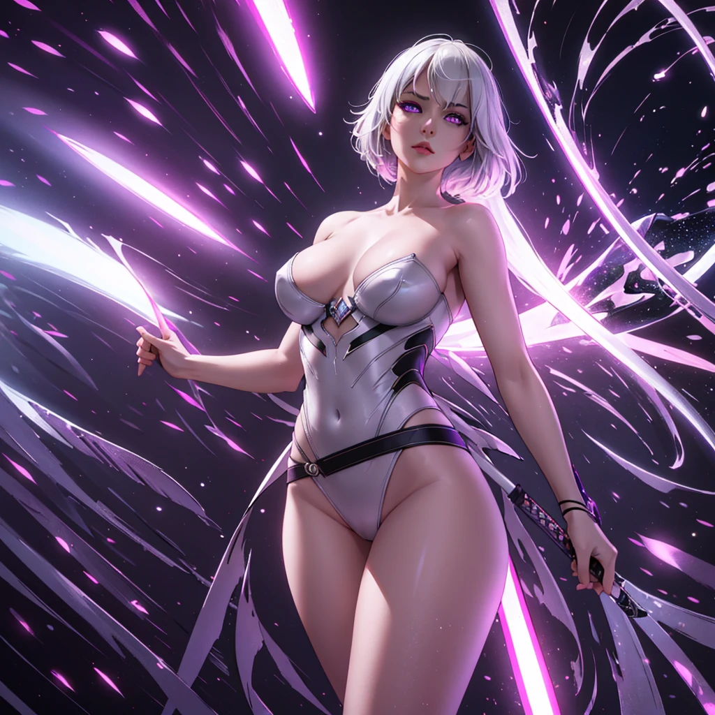 a mature woman with long gray white hair, naked body, bright purple eyes, big breasts, perky thighs,, smooth body. Japan style, sword blade


 colorful, hdr, ray tracing, nvidia rtx, super-resolution, unreal 5, subsurface scattering, pbr texturing, post-processing, anisotropic filtering, depth of field, maximum clarity and sharpness, rule of thirds, 16k raw, (luminescent particles:1.4), extremely detailed cg, unity 8k wallpaper, 3d, cinematic lighting, lens flare, reflections, sharp focus, cyberpunk art, realistic, highly detailed CG illustration, an extremely delicate and beautiful, cinematic light, (photorealistic:1.5), (Dark background:1.5), dynamic angle, masterpiece, best quality, ultra-detailed, illustration, detailed light, dramatic_shadow, face shadow, extra detailed, best performance