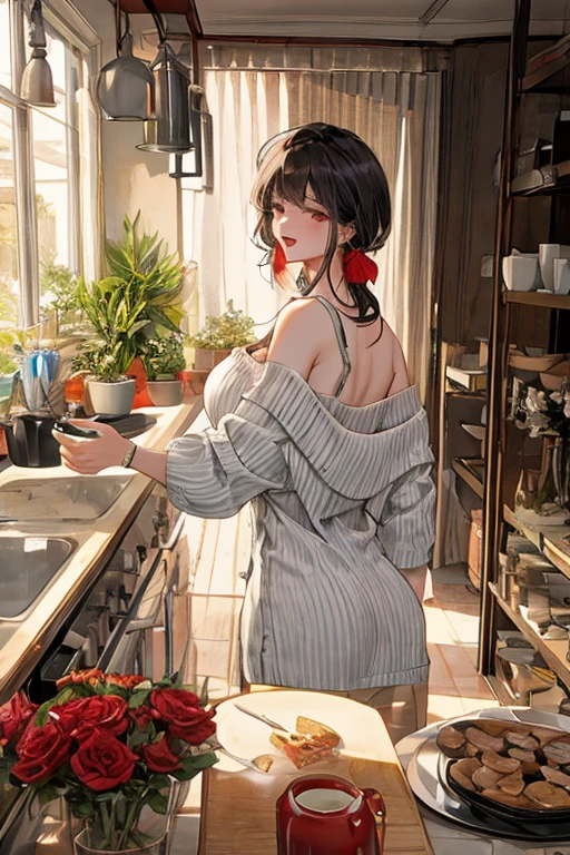 masterpiece, yor, 1girl, Amazing Cleavage:1.3, thin waist, big ass, Raised sexy, medium breast: 1.8 posed cleavage:1.2、solo, looking at viewer, open mouth, have a cup of coffee,black hair, red eyes, dress, bare shoulders, jewelry, collarbone, sidelocks, hairband, earrings, indoors, off shoulder, :o, sweater, arms behind back, plant, short hair with long locks, white hairband, off-shoulder dress, sweater dress, off-shoulder sweater, red sweater, big side hair, very long side hair,is rendered in (masterpiece: 1.2, best quality), with (ultra high resolution) and an exquisite (depth of field). This masterpiece is not only visually stunning but also tells, make of cake cooking ,in the kitchen