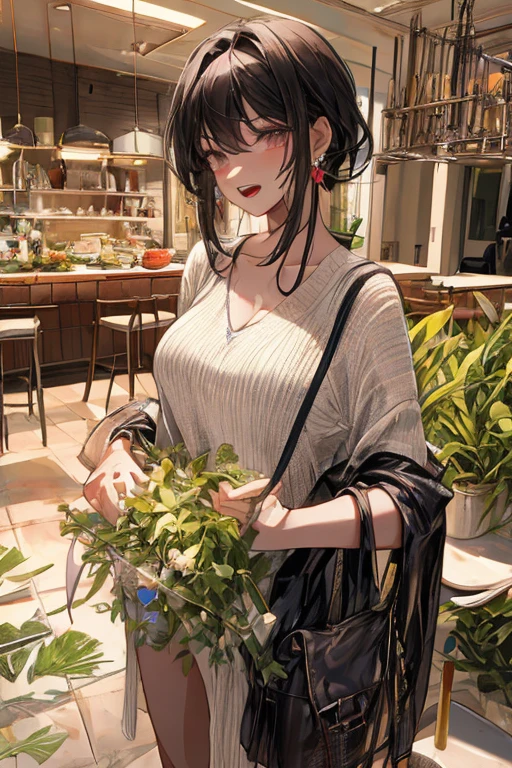masterpiece, yor, 1girl, Amazing Cleavage:1.3, thin waist, big ass, Raised sexy, medium breast: 1.8 posed cleavage:1.2、solo, looking at viewer, open mouth, have a cup of coffee,black hair, red eyes, dress, bare shoulders, jewelry, collarbone, sidelocks, hairband, earrings, indoors, off shoulder, :o, sweater, arms behind back, plant, short hair with long locks, white hairband, off-shoulder dress, sweater dress, off-shoulder sweater, red sweater, big side hair, very long side hair,is rendered in (masterpiece: 1.2, best quality), with (ultra high resolution) and an exquisite (depth of field). This masterpiece is not only visually stunning but also tells, make of cake cooking ,in the kitchen