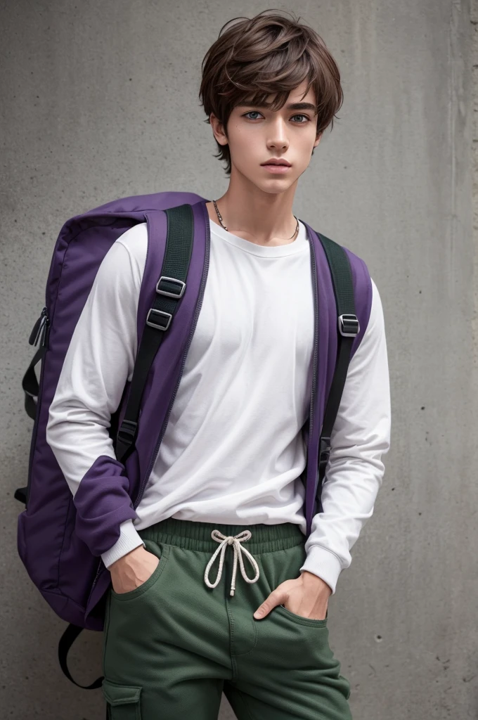 Um homem branco, with green eyes and medium brown hair. Ele veste um moletom preto, purple pants and he wears a small backpack. Modelo anime