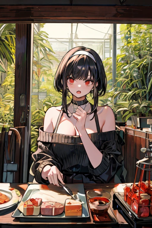 masterpiece, yor, 1girl, Amazing Cleavage:1.3, thin waist, big ass, Raised sexy, medium breast: 1.8 posed cleavage:1.2、solo, looking at viewer, open mouth, have a cup of coffee,black hair, red eyes, dress, bare shoulders, jewelry, collarbone, sidelocks, hairband, earrings, indoors, off shoulder, :o, sweater, arms behind back, plant, short hair with long locks, white hairband, off-shoulder dress, sweater dress, off-shoulder sweater, red sweater, big side hair, very long side hair,is rendered in (masterpiece: 1.2, best quality), with (ultra high resolution) and an exquisite (depth of field). This masterpiece is not only visually stunning but also tells, make of cake cooking ,in the kitchen