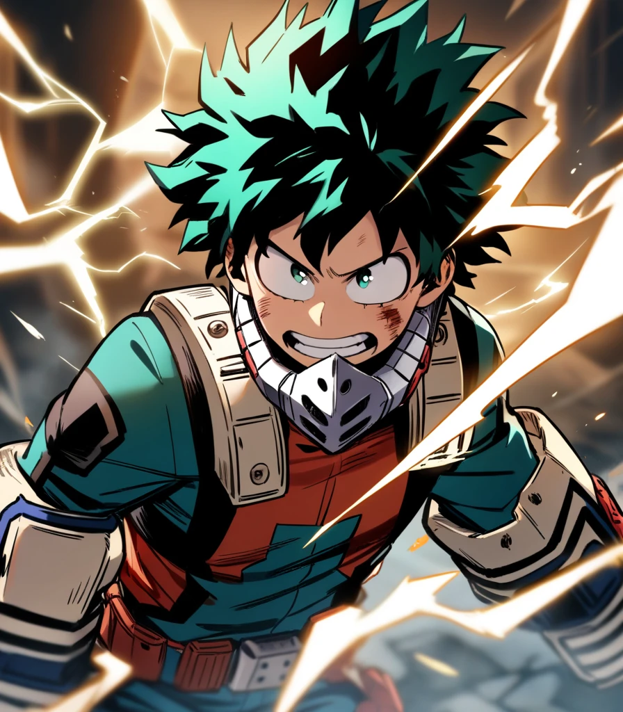 1boy, male focus, midoriya izuku, boku no hero academia, injury, electricity,, masterpiece, best quality, very aesthetic, absurdres