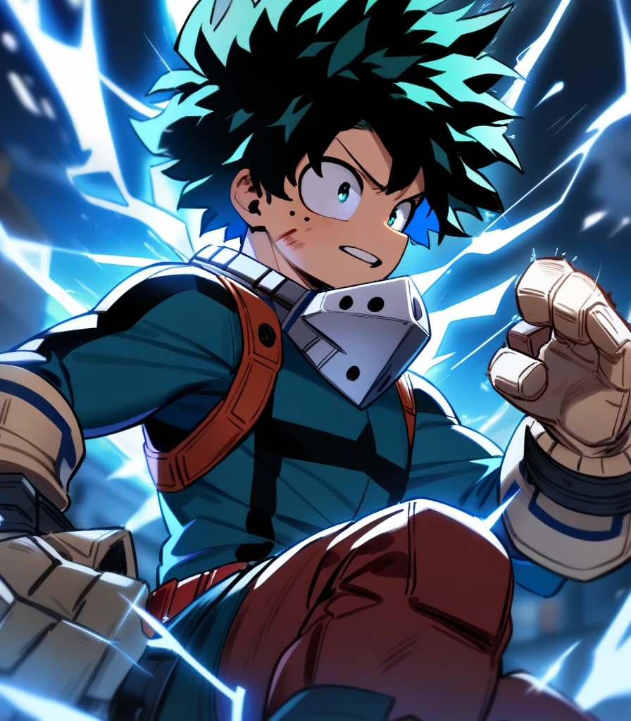 1boy, male focus, midoriya izuku, boku no hero academia, injury, electricity,, masterpiece, best quality, very aesthetic, absurdres
