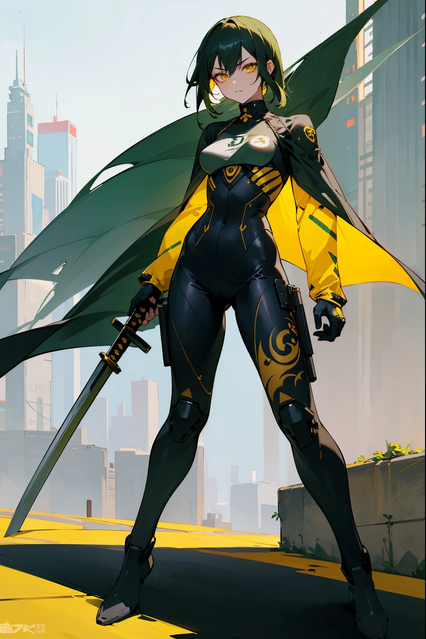 1female, dark green hair, yellow eyes, neck tattoos, golden accents, odachi on back, swords in background, sniper on back, full body combat suit, expressionless, black suit with white accents, city background, standing on path, hands behind back