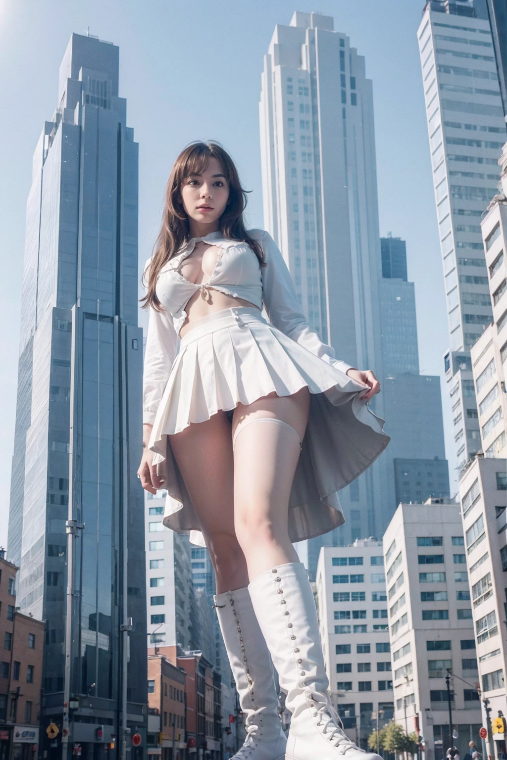 Girl taller than the building，from below, round and large eyes、tallgts,giantess，Full body photo，BuildingSeat, white uniform，Big breasts，pencil skirts，，white boots，cleveage of the breast、a miniskirt、Modern miniature buildings、top-quality、Watercolor style、stomping