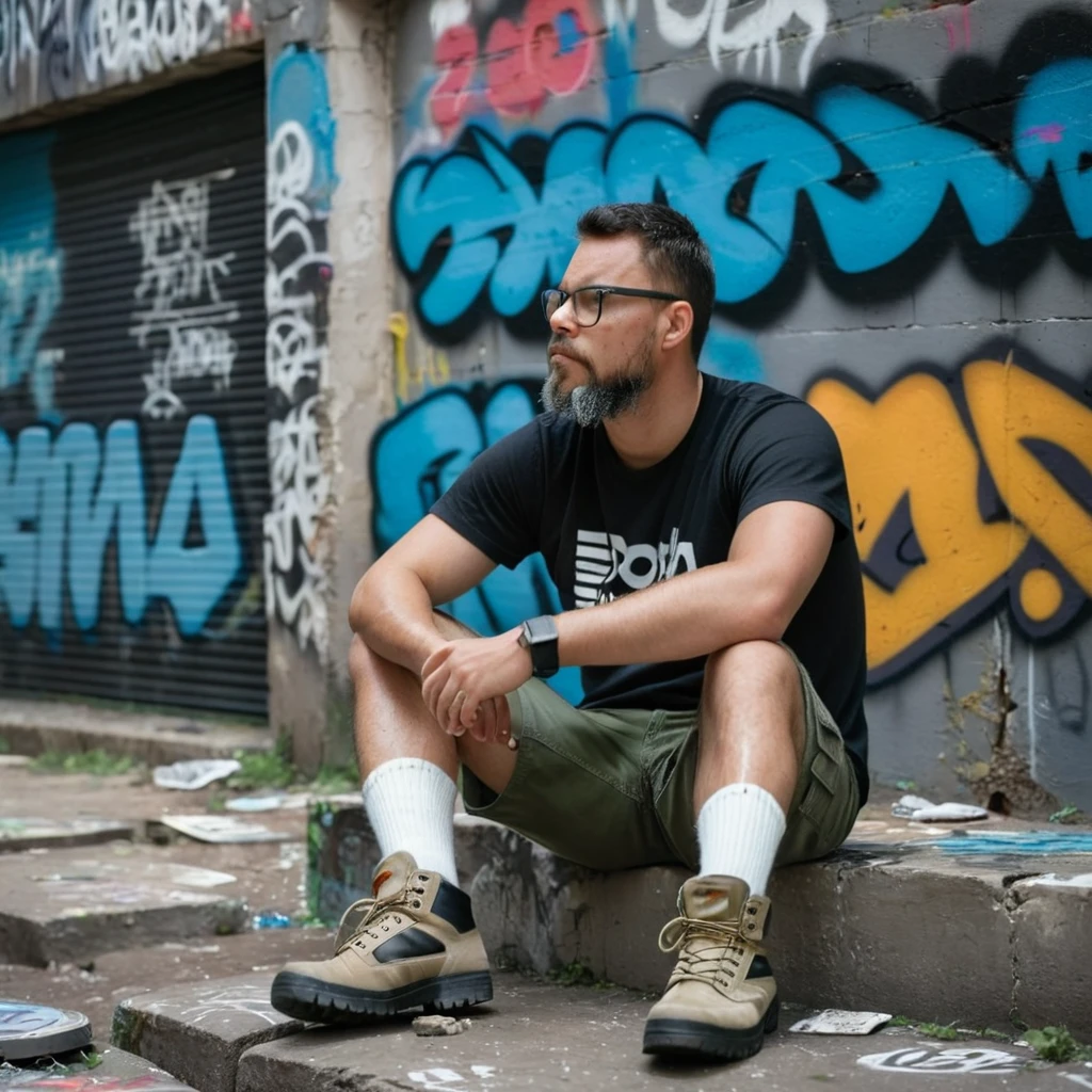 gutto2024abr, A full-body close-up professional RAW photograph of a man with glasses, beard and short military-cut black hair. He is wearing a t-shirt, cargo shorts, high-top adventure boots, and white socks. The man is sitting on the ground, leaning against a graffiti-covered wall in ruins. His hands are on his head, with his elbows resting on his knees, appearing very sad and despondent. The lighting is dark and heavy, capturing intricate details of his skin. Ultra-realistic with ultra-detail, emphasizing the somber mood and the vibrant, colorful, dilapidated surroundings.