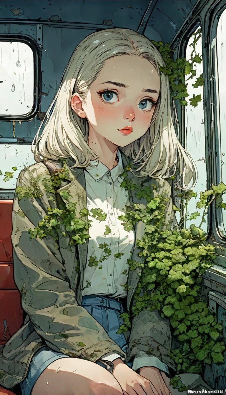 ((beautiful detail)))(cute face: 1.2) 1 sexy girl, shoot from the front, inside a decaying bus, sitting in the back seat, cracked window glass, humidity, moss, ivy, rust, atmosphere of melancholy (sharp lines: 1.2)(clear line:1.2),(eye details:1.3)(thick border:1.4)((masterpiece, high quality, best quality)),cartoon, sketch,Norman Rockwell style, more_details:-1, more_details:0, more_details:0.5, more_details:1, more_details:1.5, lofi art style, retro aesthetic, pop art, Range Murata