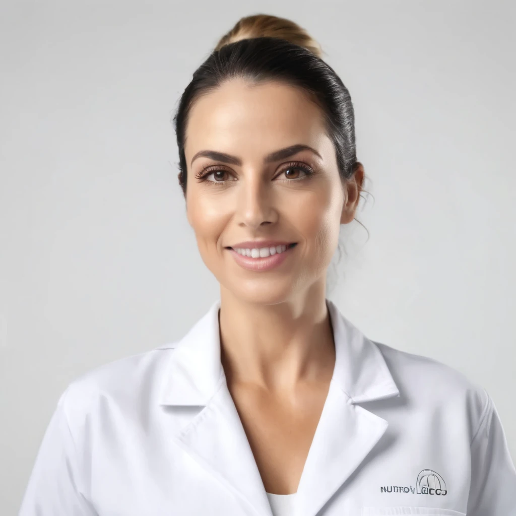 close Mulher de 28 anos, nutricionista de jaleco branco, fundo branco, foto deve parecer nomal, super realista, super detalhado, 4k
